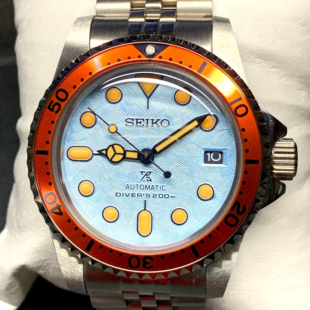 SEIKO SII NH35 MOD 39mm Domed Blue Patin Dial Jubilee Orange Bezel Vintage Build